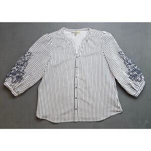 Figueroa & Flower Seersucker Blouse Size XL Vertical Stripes 3/4‎ Sleeves V Neck